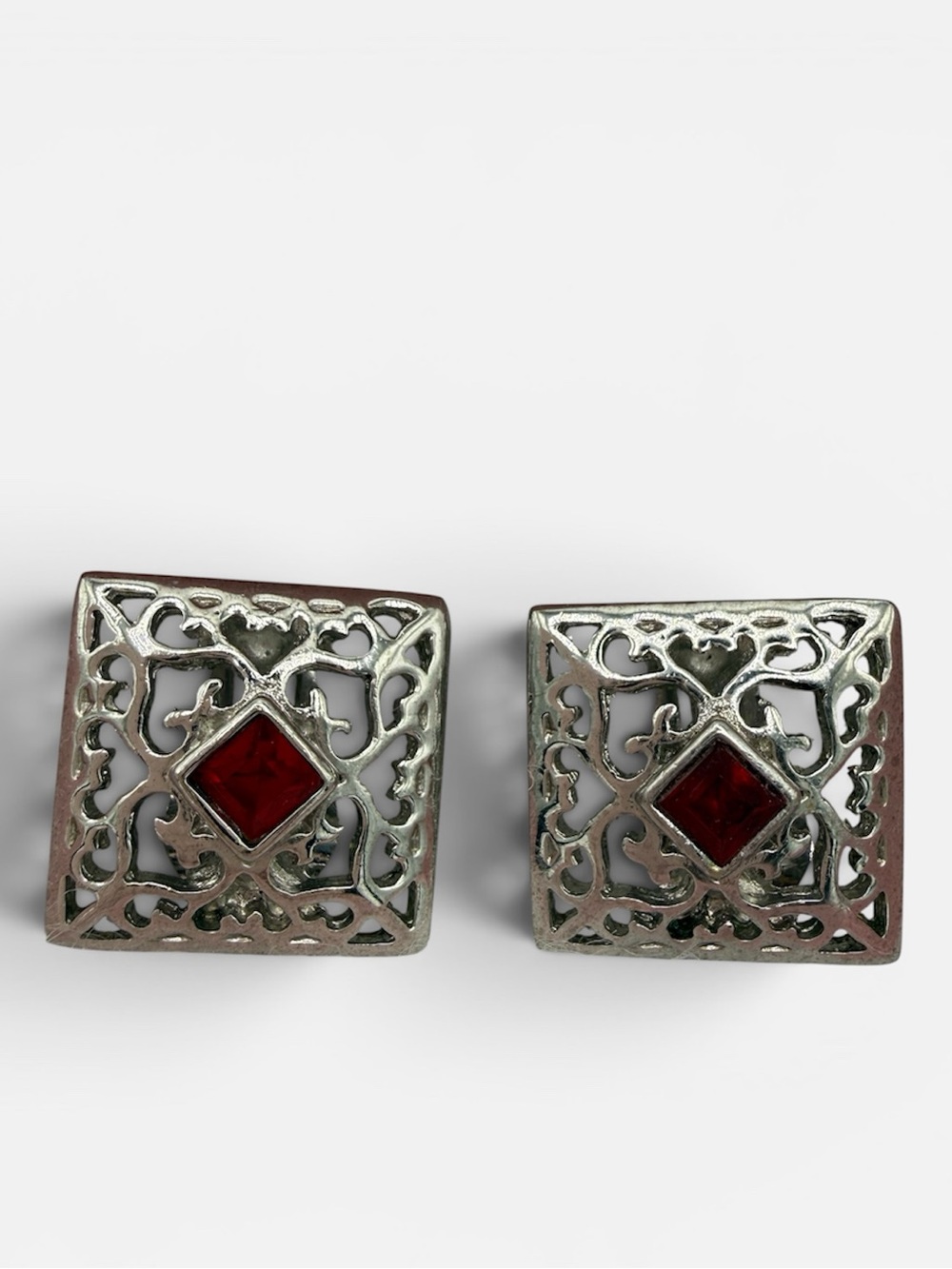 YSL Square Silver Clip On Earrings with Red Faceted Lucite Gem